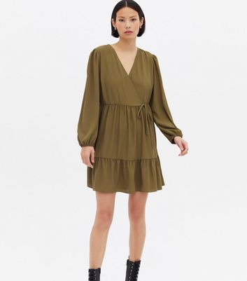 Khaki Tiered Mini Wrap Dress | New Look